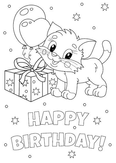 Printable Birthday Cards to Color Cute Cat Kitten Present