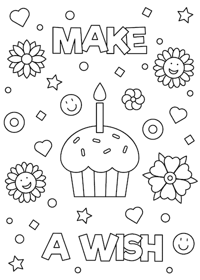 Printable Birthday Cards to Color Make a Wish Cupcake