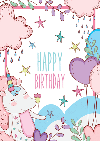 Printable Birthday Cards Unicorn Balloons Stars