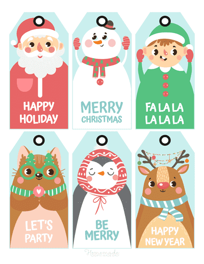 Printable Christmas Tag Template Colorful Santa Snowman Penguin