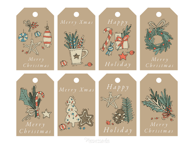 Printable Christmas Tags Brown Background Green Red Paper Festive Fir Wreath Holly Ornaments 8