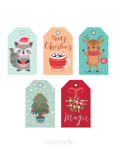 Printable Christmas Tags Colorful Cute Mistletoe Cocoa Tree Raccoon Deer Tree 5