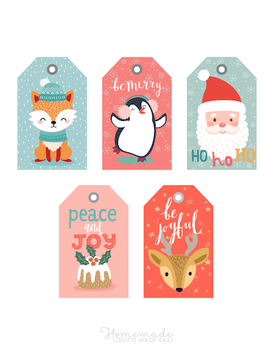 Printable Christmas Tags Colorful Cute Santa Pudding Penguin Deer Fox 5