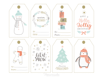 Printable Christmas Tags Cute Gold Pastel Snowman Gingerbread Holly Jolly Gifts Penguin Tree 8