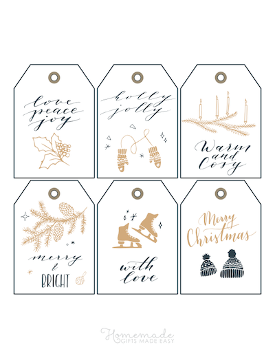 Printable Christmas Tags Gold Black Ice Skates Mittens Holly Candles Pinecones Hats 6