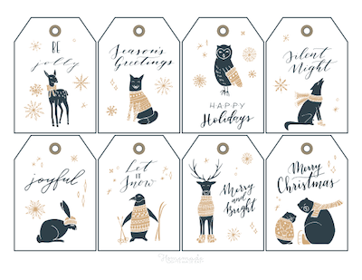 Printable Christmas Tags Gold Black Woodland Animals Sweaters 8