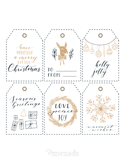 Printable Christmas Tags Gold Black Wreath Gifts Deer Ornaments Snowflake Sentiments 6