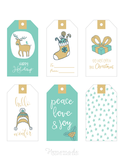 Printable Christmas Tags Gold Blue Hand Drawn Deer Stocking Gift Hat Holly Stars 6