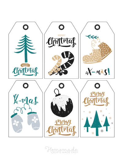 Printable Christmas Tags Green Black Gold Mittens Tree Bauble Candy Canes Skates 6