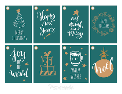 Printable Christmas Tags Green Gold White Tree Wreath Cocoa Ornaments Gifts Sentiments 8