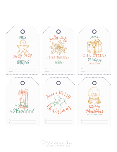Printable Christmas Tags Hand Drawn Gingerbread Holly Gifts Snowglobe 6