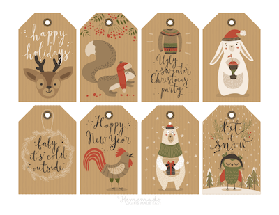 Printable Christmas Tags Paper Deer Squirrel Sweater Rabbit Bear Wreath Owl 8