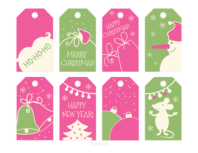 Printable Christmas Tags Pink Green Bells Santa Gifts Tree Mouse Snowman Baubles 8