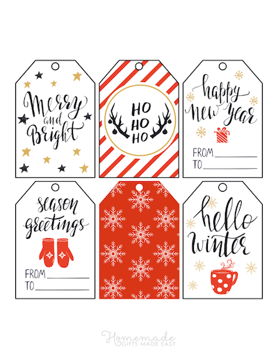 Printable Christmas Tags Red Black Gold Snowflakes Mittens Hot Cocoa Deer Swirly Font 6