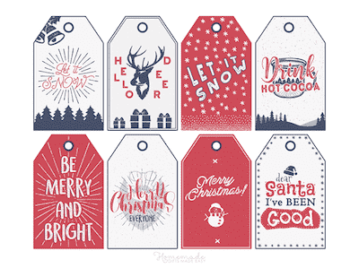 Printable Christmas Tags Red Blue Deer Snow Cocoa Santa Snowman Sentiments 8