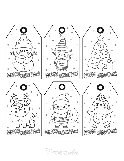 Printable Christmas Tags to Color Cute Merry Christmas Snowman Santa Penguin Reindeer