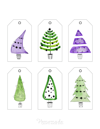 Printable Christmas Tags Watercolor Christmas Trees Greens Purples 6