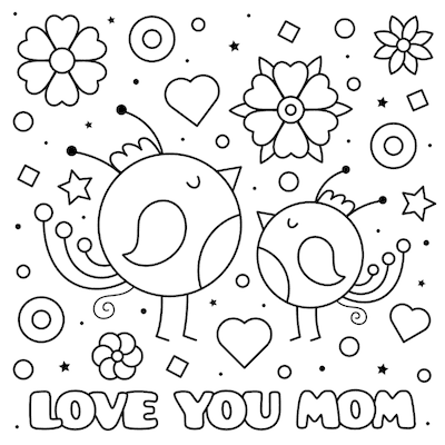 Printable Mothers Day Card 5x5 Birds Flowers Coloring
