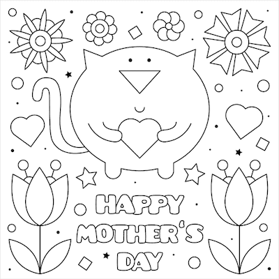 Printable Mothers Day Card 5x5 Cat Heart Coloring