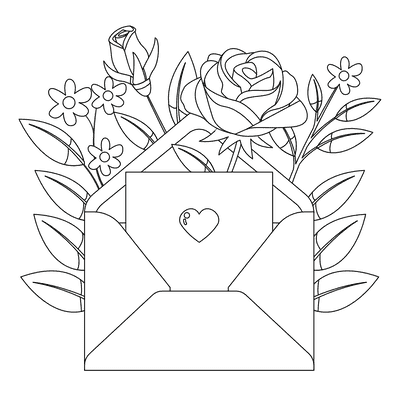 Printable Valentine Cards Simple Cute Rose and Envelope Colorable