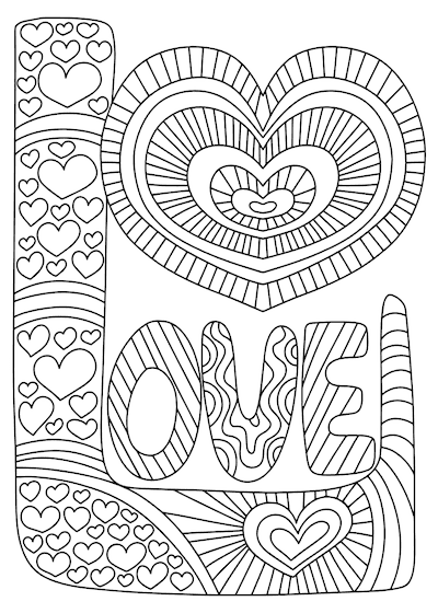 Printable Valentine Cards to Color Love Word Art Heart Doodle