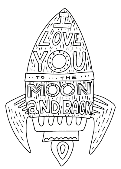 Printable Valentine Cards to Color Love You Moon Back Rocket 5x7