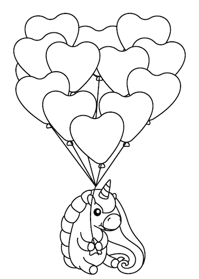Printable Valentine Cards to Color Unicorn Heart Balloons 5x7