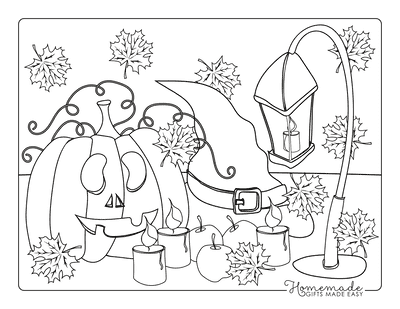 Pumpkin Coloring Pages Carved Pumpkin Wiches Hat Falling Leaves Candles Lantern Apple