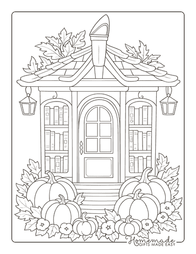 Pumpkin Coloring Pages Cozy Cottage Bookstore With Fall Pumpkins