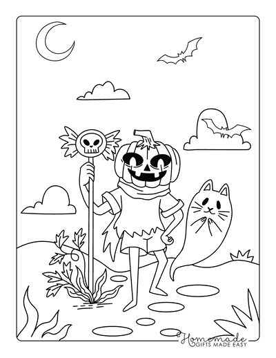 Pumpkin Coloring Pages Friendly Pumpkin Man and Ghost Cat