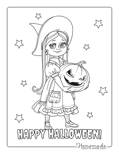 Pumpkin Coloring Pages Girl Witch Holding Carved Pumpkin