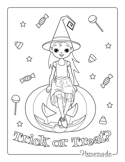 Pumpkin Coloring Pages Girl Witch on Carved Pumpkin