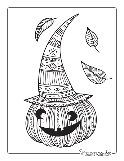 Pumpkin Coloring Pages Intricate Pattern Carved Pumpkin Wearing Hat Falling Leaves