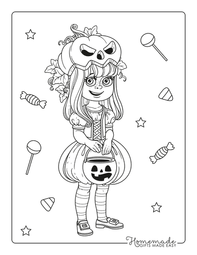 Pumpkin Coloring Pages Trick or Treat Girl in Pumpkin Costume