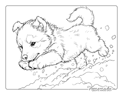 Puppy Coloring Pages Husky Leaping Into Snow