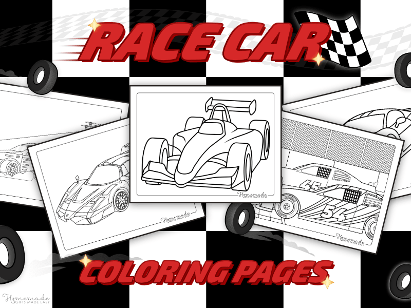 Race car coloring pages photo montage on a checkered-flag background with decorative tires and other racing elements.