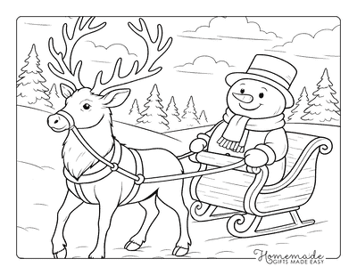 Reindeer Coloring Pages Realistic Reindeer Pulling Sleigh With Snowman