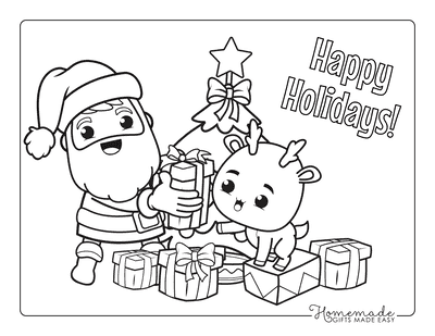 Santa Coloring Pages Cute Reindeer Santa Claus Christmas Tree Gifts