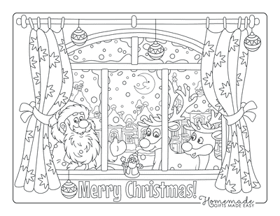 Santa Coloring Pages Father Christmas and Reindeer Window Scene