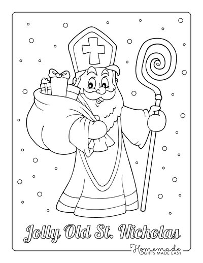 Santa Coloring Pages Saint Nicholas With Staff Gifts