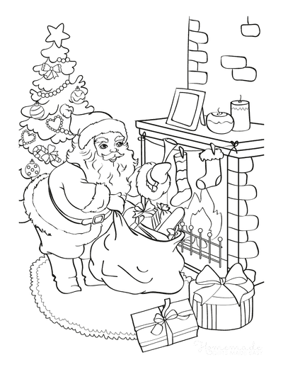 Santa Coloring Pages Santa Delivering Gifts Fireside Christmas Tree