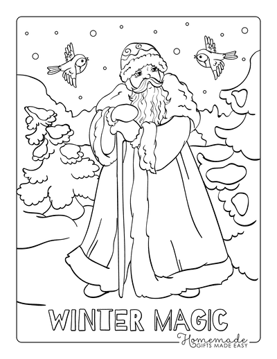 Santa Coloring Pages Santa Wearing Cloak in Snow With Cute Birds