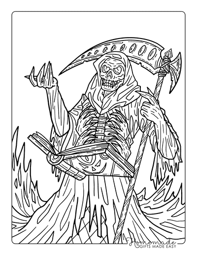 Scary Coloring Pages Horror Halloween Grim Reaper With Spell Book