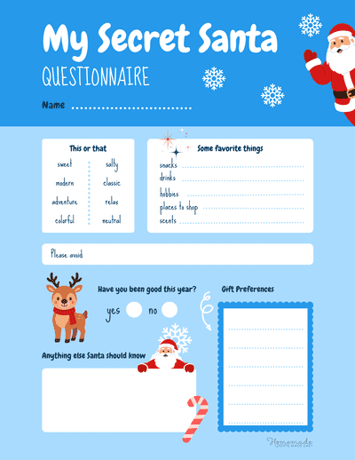 Secret Santa Form Cute Icy Blue for Kids