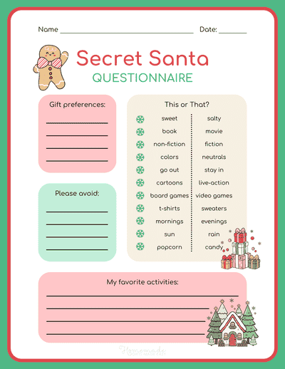 Secret Santa Form Red Green Festive Cartoon for Kids