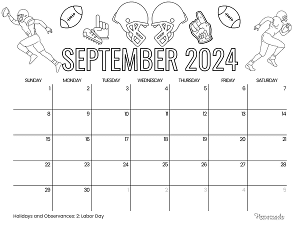 September 2024 Calendars Football Season to Color