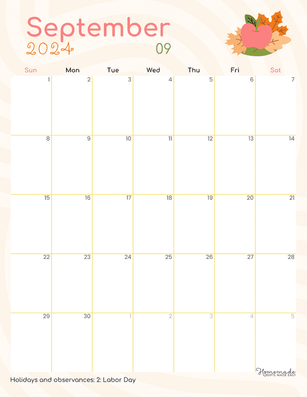 September 2024 Calendars Pastel Autumn Portrait