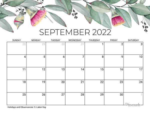 september Calendar 2022 Printable Eucalyptus