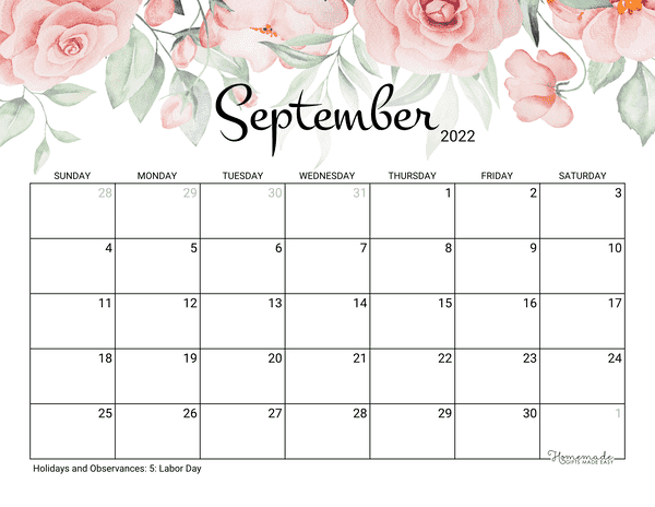 september Calendar 2022 Printable Rose