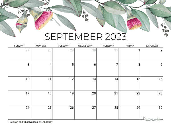 September Calendar 2023 Printable Eucalyptus